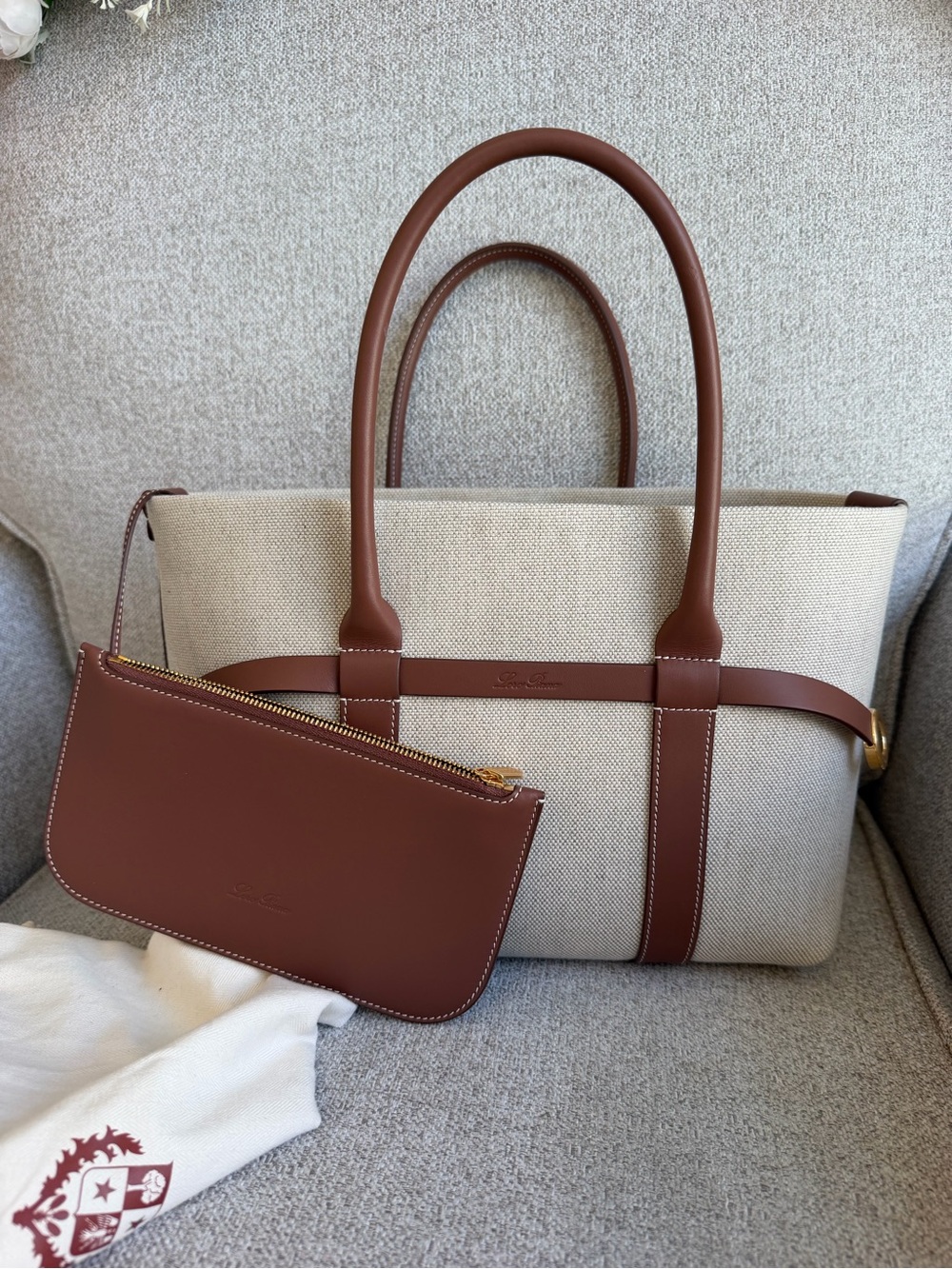 Loro Piana Beige Canvas Tote with Brown Leather Trim - Picture 2 of 5
